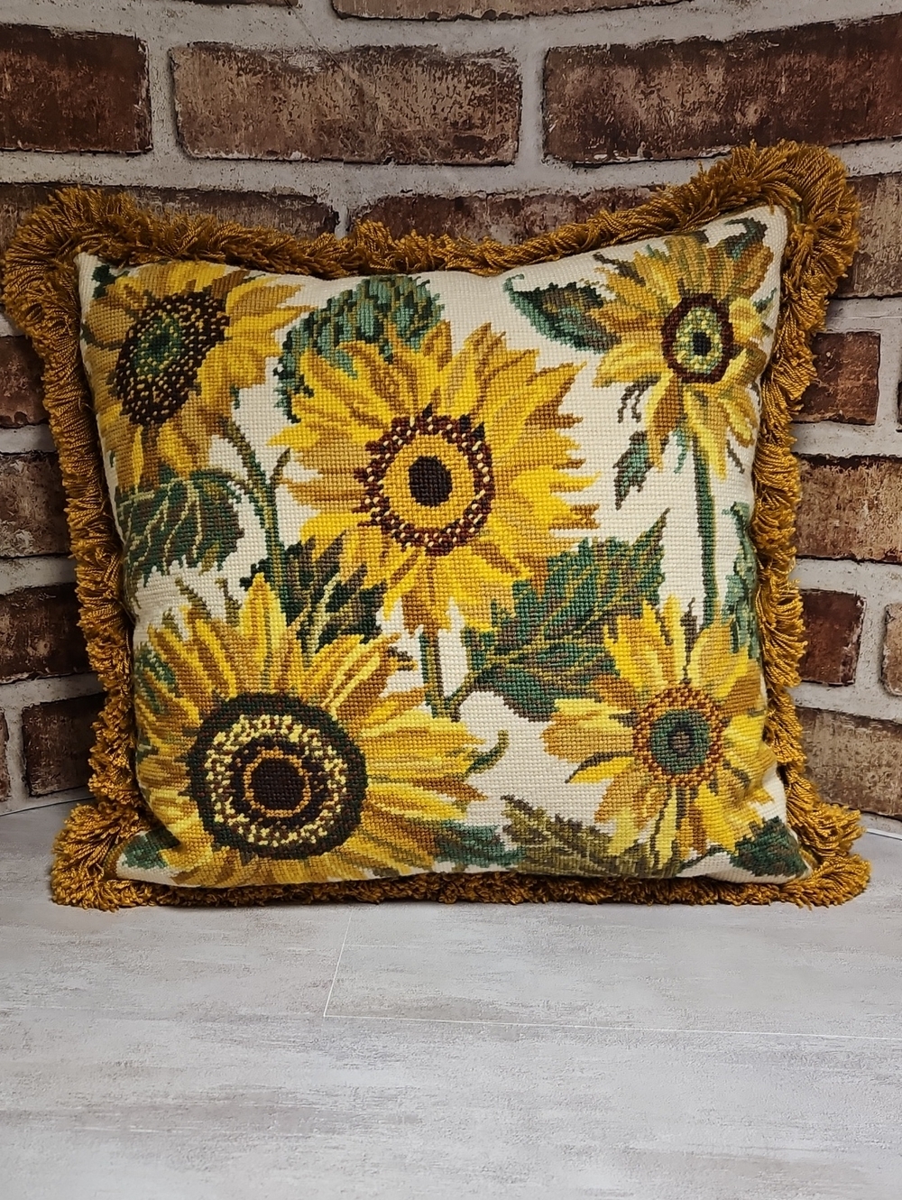 Primavera Sunflower Needlepoint Pillow 16x16 Custom Moiré Silk Back Hidden Zip